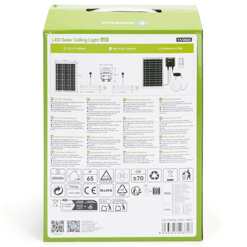 Aigostar - LED Saules enerģijas lampa 2xLED/35W/12V 6000 mAh 6500K d. 16,8 cm + tālvadības pults