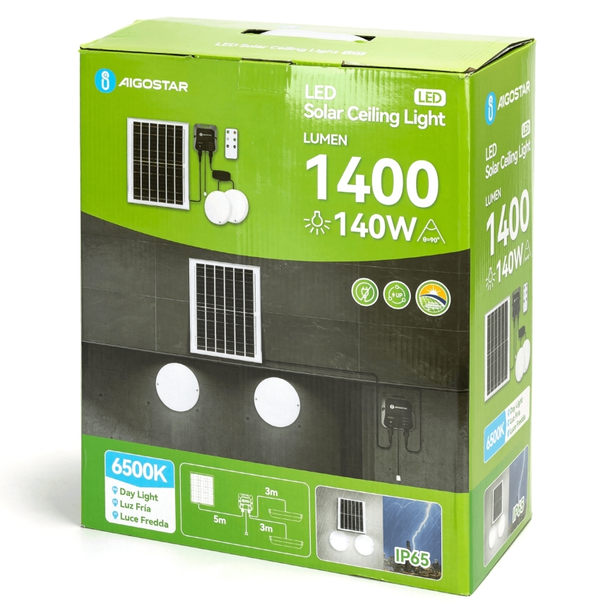 Aigostar - LED Saules enerģijas lampa 2xLED/70W/12V 12000 mAh 6500K d. 20,5 cm + tālvadības pults
