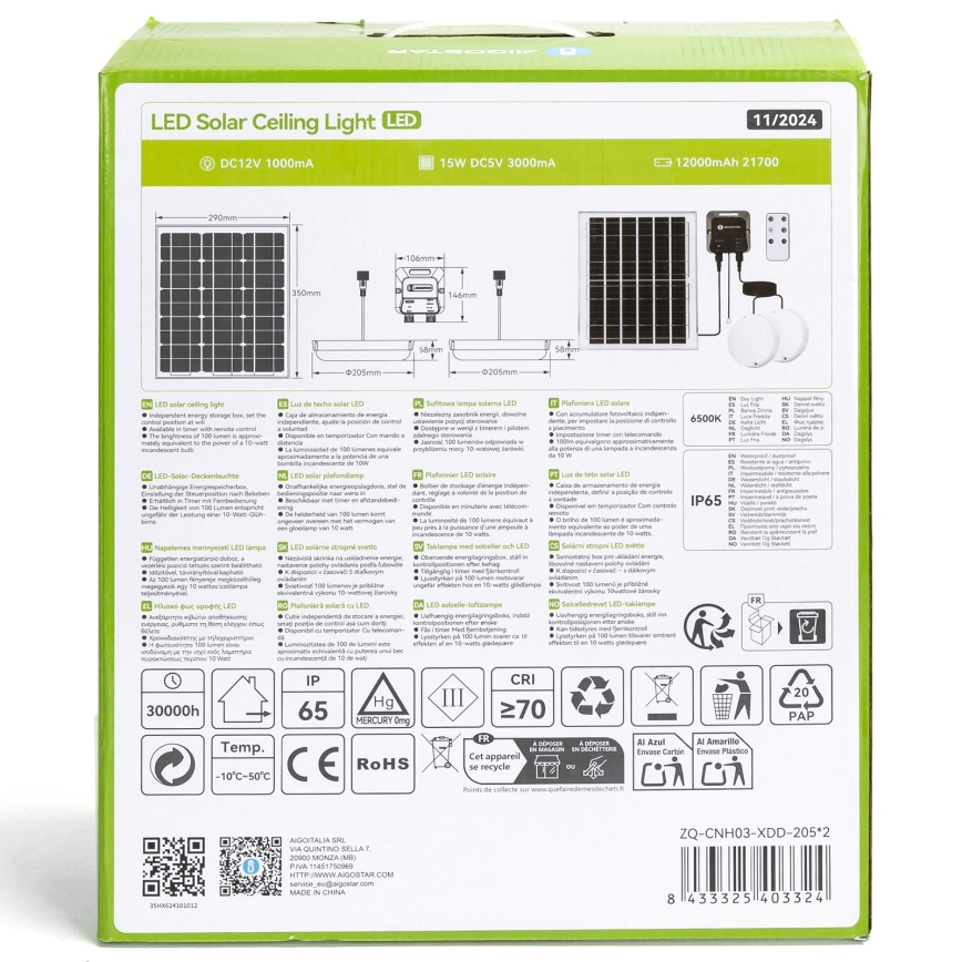 Aigostar - LED Saules enerģijas lampa 2xLED/70W/12V 12000 mAh 6500K d. 20,5 cm + tālvadības pults