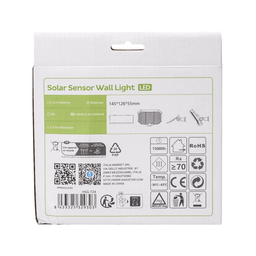 Aigostar - LED Saules enerģijas lampa ar kustību sensoru LED/2,4W/3,7V IP65