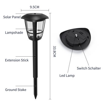 Aigostar - LED Saules enerģijas lampa LED/0,06W/2V 33,8 cm 6500K IP44 melna