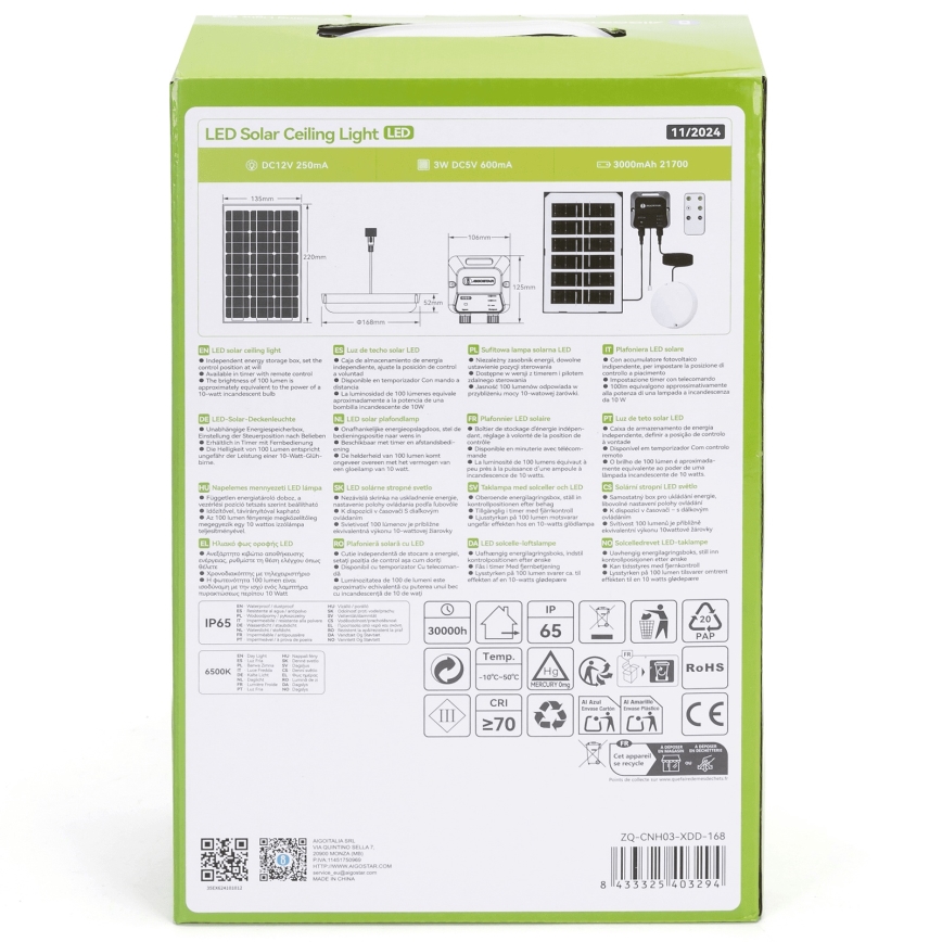 Aigostar - LED Saules enerģijas lampa LED/35W/12V 3000 mAh 6500K d. 16,8 cm + tālvadības pults