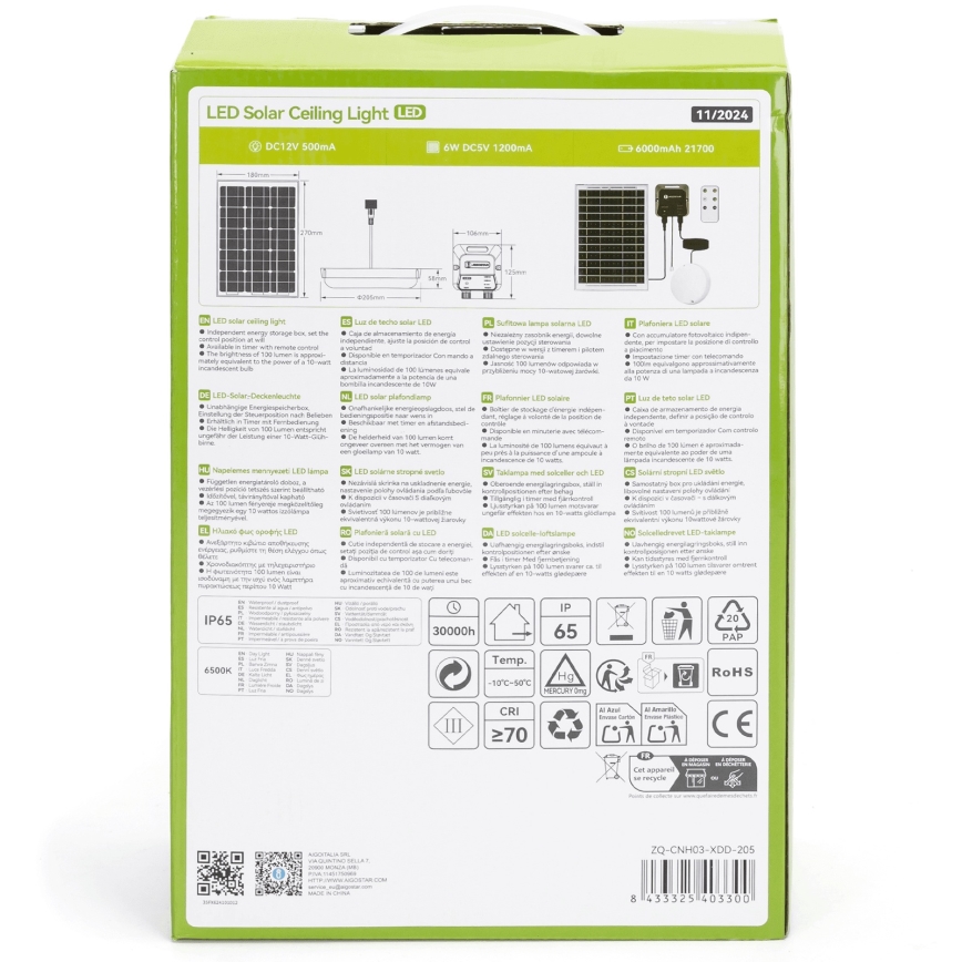 Aigostar - LED Saules enerģijas lampa LED/70W/12V 6000 mAh 6500K d. 20,5 cm + tālvadības pults