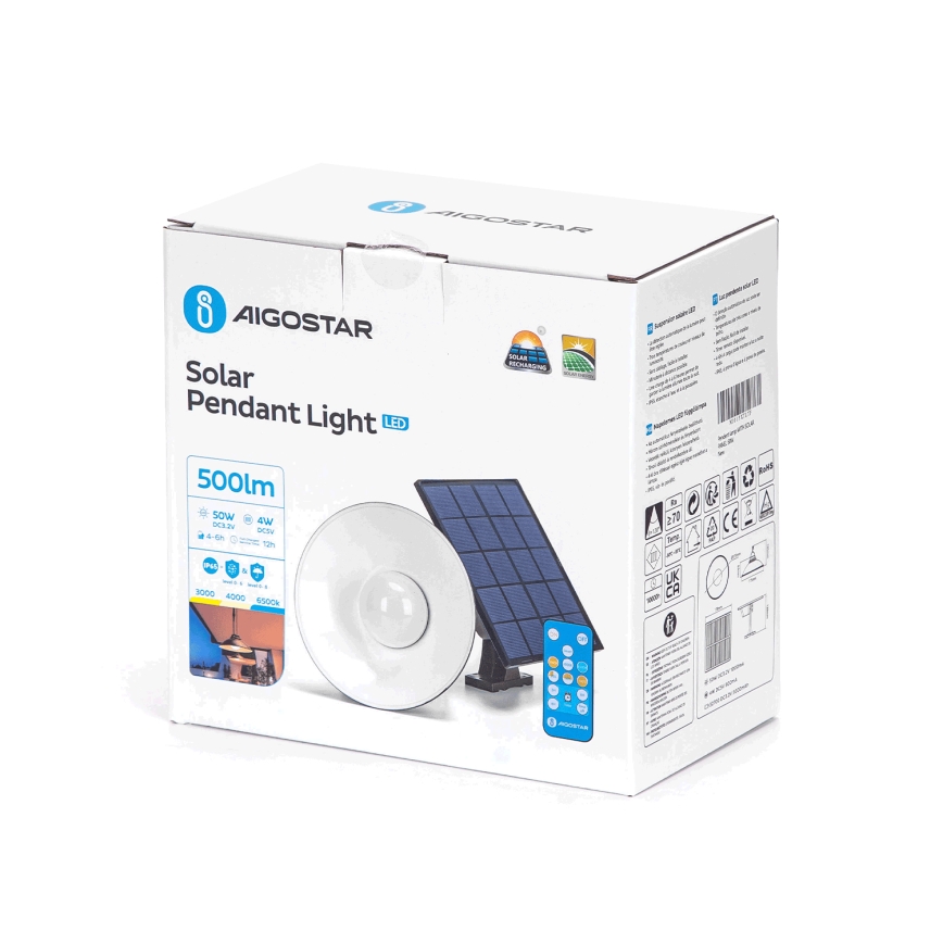 Aigostar - LED Aptumšojama saules enerģijas lustra ar auklu LED/3,2V 3000K/4000K/6500K 5000 mAh IP65 + tālvadības pults