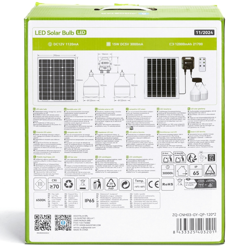Aigostar - LED Saules enerģijas lustra ar sensoru 2xLED/70W/12V 12000 mAh 6500K d. 12 cm + tālvadības pults
