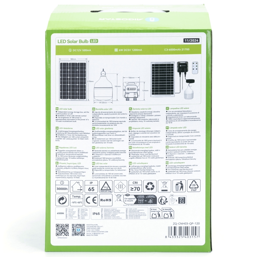 Aigostar - LED Saules enerģijas lustra LED/70W/12V 6000 mAh 6500K d. 12 cm + tālvadības pults