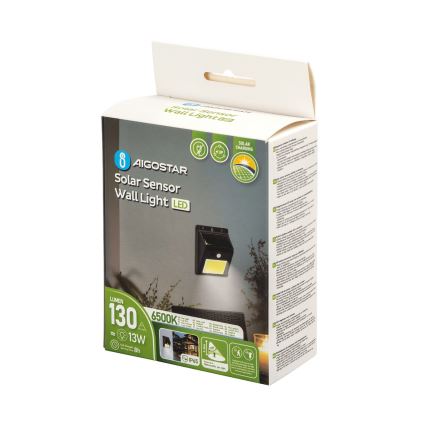 Aigostar - LED Saules enerģijas sienas lampa ar sensoru LED/13W/5,5V 6500K IP65
