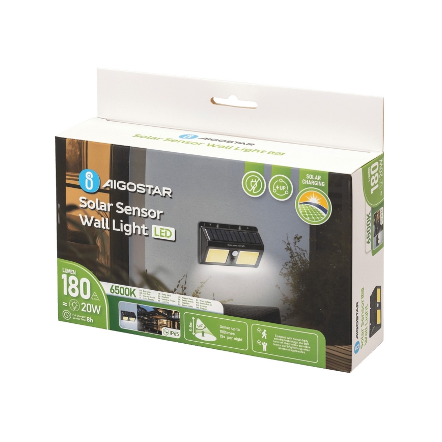 Aigostar - LED Saules enerģijas sienas lampa ar sensoru LED/20W/5,5V 2400 mAh 6500K IP65