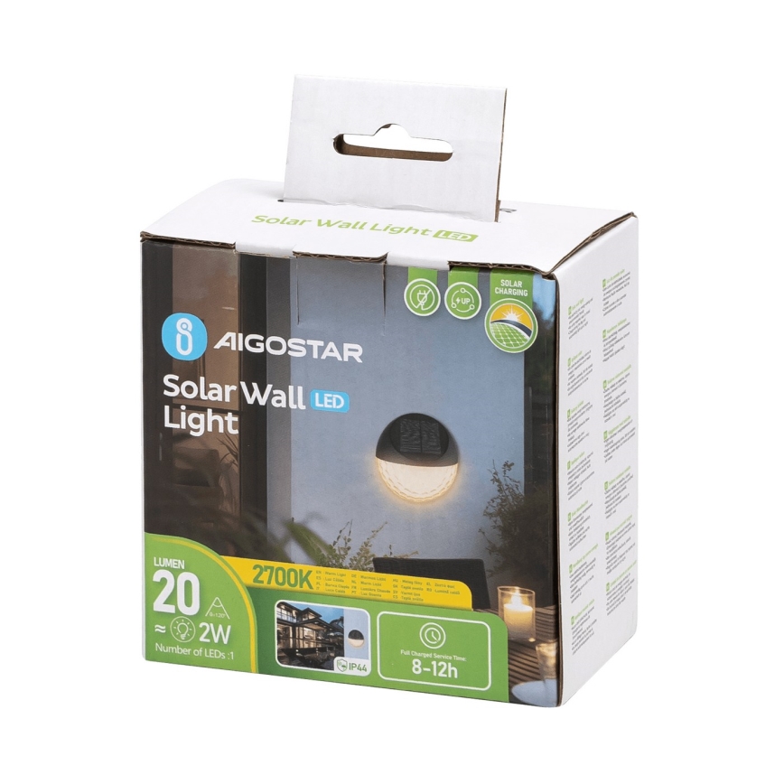 Aigostar - LED Saules enerģijas sienas lampa LED/2W/1,2V melna 300 mAh 2700K IP44