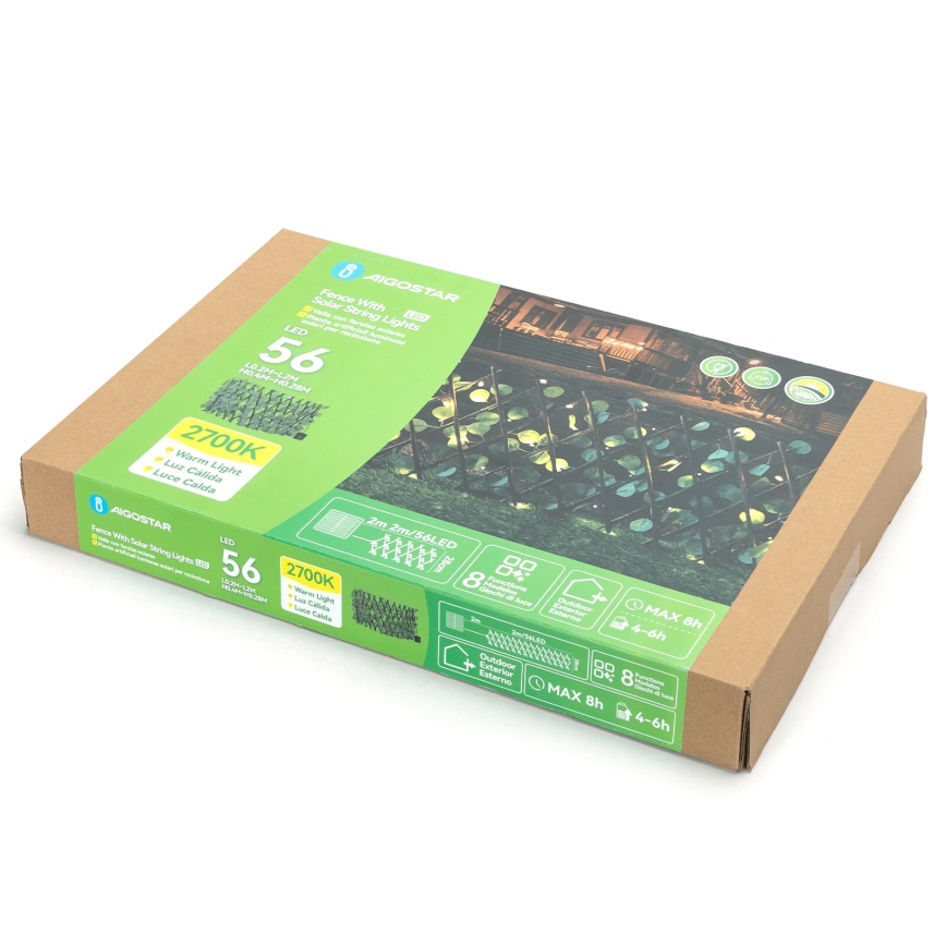 Aigostar - LED Saules enerģijas virtene 56xLED/2x0,4m IP65 silti balta eikalipts