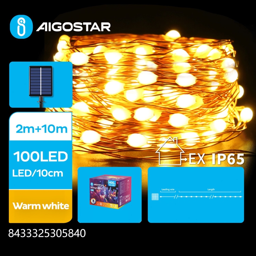 Aigostar - LED Saules enerģijas Ziemassvētku virtene 100xLED/8 funkcijas 12m 800 mAh IP65 silti balta