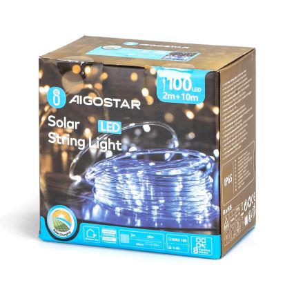 Aigostar - LED Saules enerģijas Ziemassvētku virtene 100xLED/8 funkcijas 12m IP65 vēsi balts