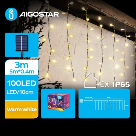 Aigostar - LED Saules enerģijas Ziemassvētku virtene 100xLED/8 funkcijas 8x0,4m IP65 silti balta