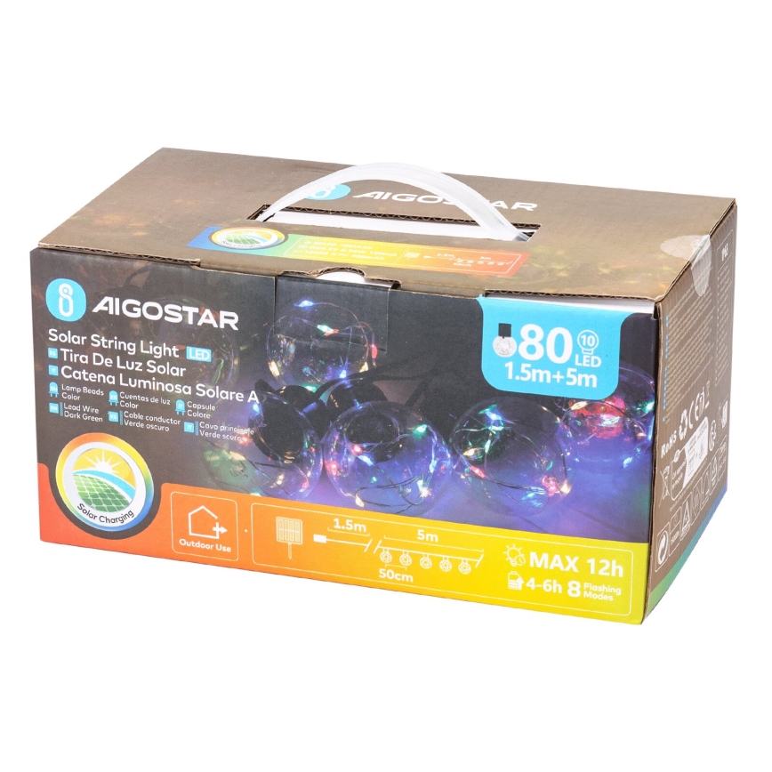 Aigostar - LED Saules enerģijas Ziemassvētku virtene 10xLED/8 funkcijas 6,5m IP65 daudzkrāsaina