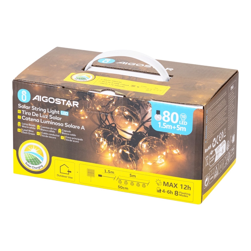 Aigostar - LED Saules enerģijas Ziemassvētku virtene 10xLED/8 funkcijas 6,5m IP65 silti balta