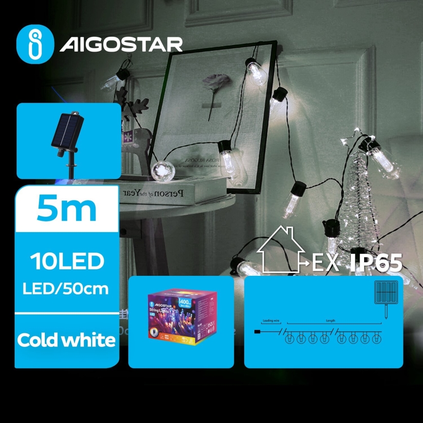 Aigostar - LED Saules enerģijas Ziemassvētku virtene 10xLED/8 funkcijas 6,5m IP65 vēsi balts