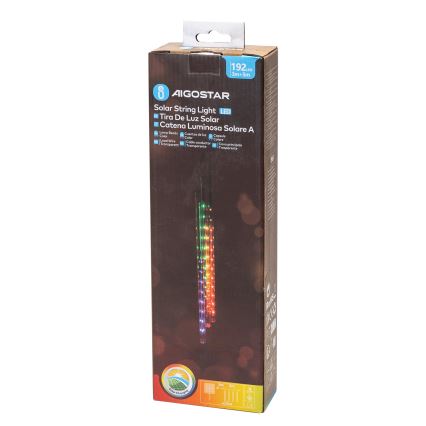 Aigostar - LED Saules enerģijas Ziemassvētku virtene 192xLED/8m IP65 1200 mAh daudzkrāsaina
