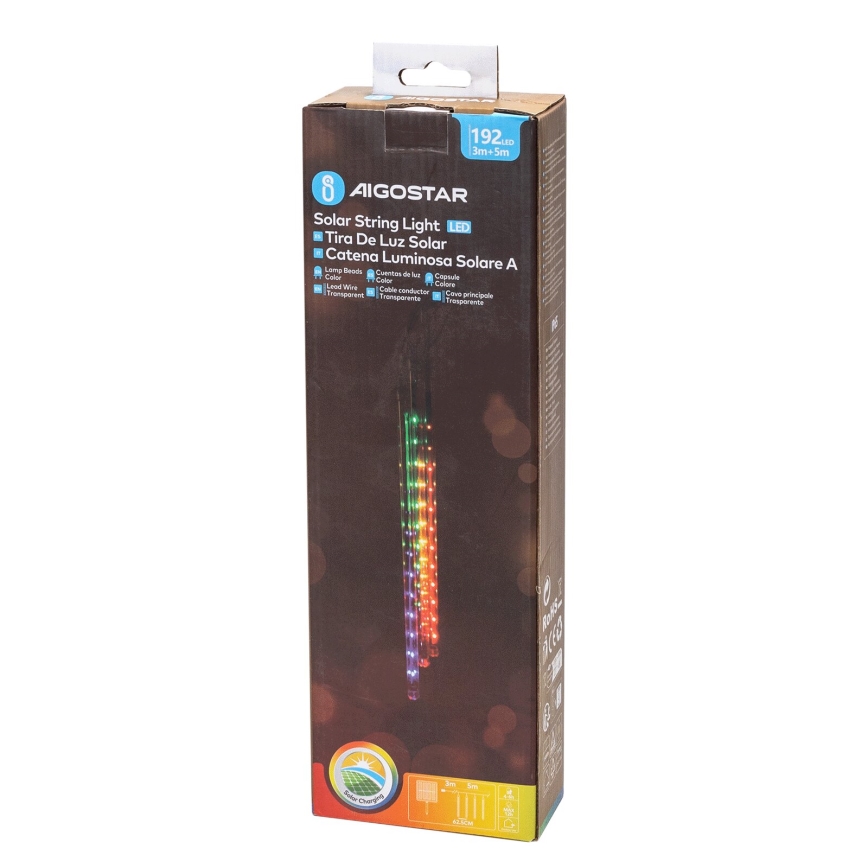 Aigostar - LED Saules enerģijas Ziemassvētku virtene 192xLED/8m IP65 1200 mAh daudzkrāsaina