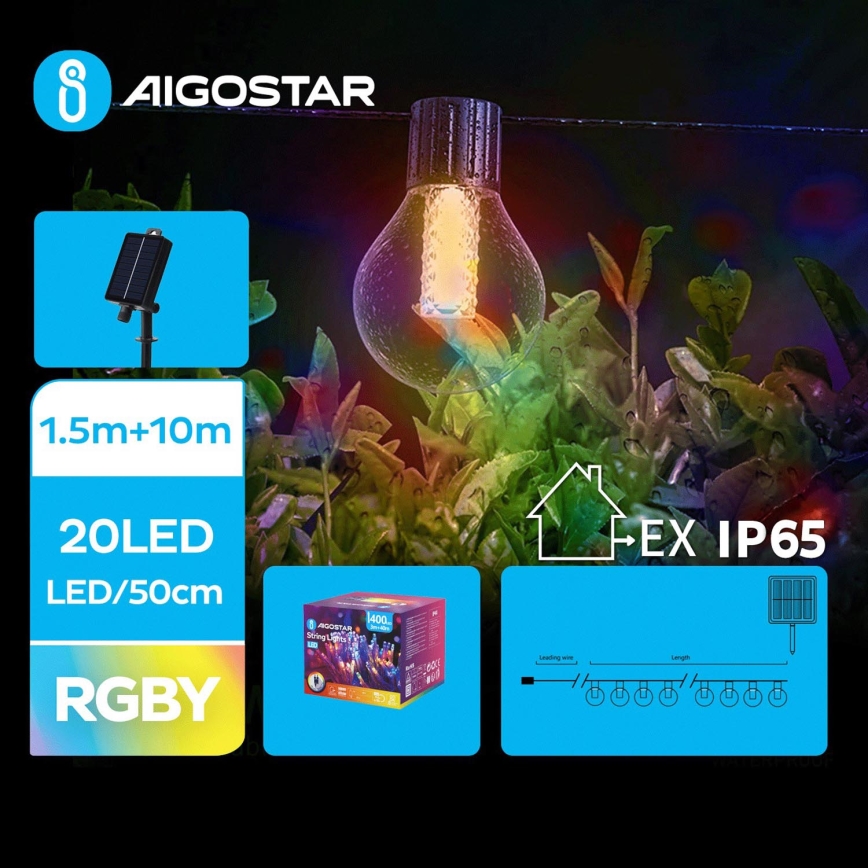 Aigostar - LED Saules enerģijas Ziemassvētku virtene 20xLED/8 funkcijas 11,5m IP65 daudzkrāsaina