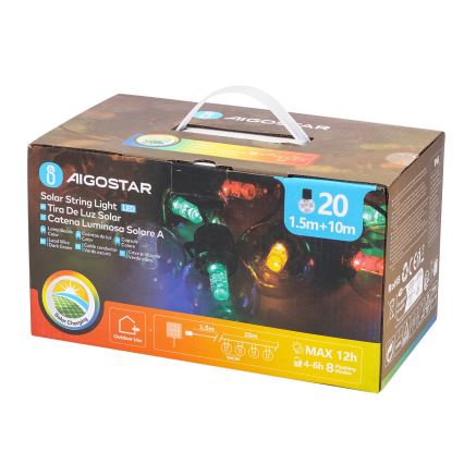 Aigostar - LED Saules enerģijas Ziemassvētku virtene 20xLED/8 funkcijas 11,5m IP65 daudzkrāsaina
