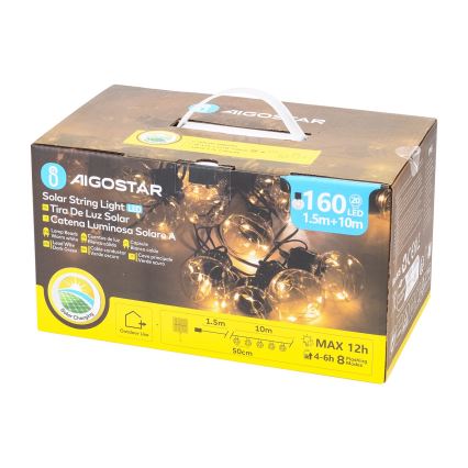 Aigostar - LED Saules enerģijas Ziemassvētku virtene 20xLED/8 funkcijas 11,5m IP65 silti balta