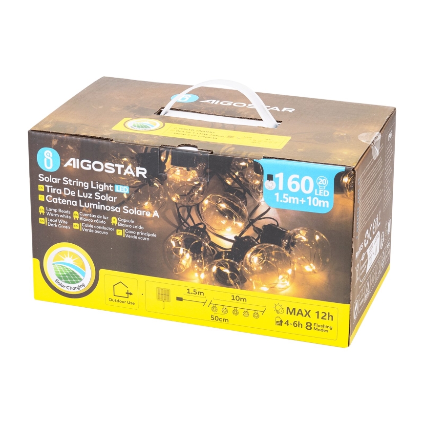 Aigostar - LED Saules enerģijas Ziemassvētku virtene 20xLED/8 funkcijas 11,5m IP65 silti balta