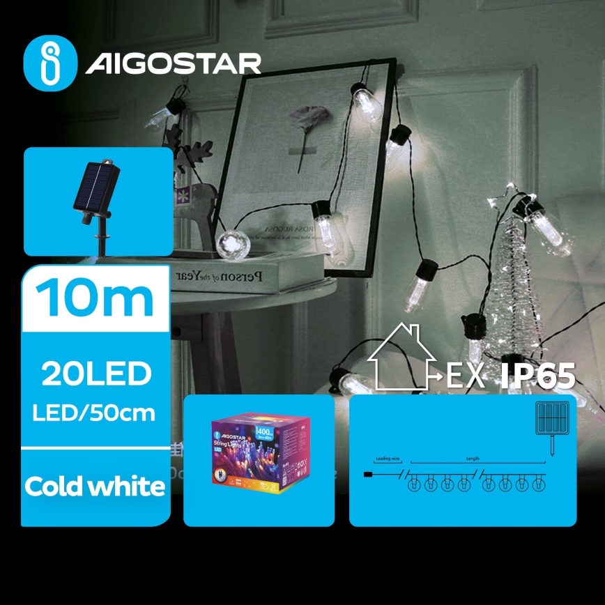 Aigostar - LED Saules enerģijas Ziemassvētku virtene 20xLED/8 funkcijas 11,5m IP65 vēsi balts