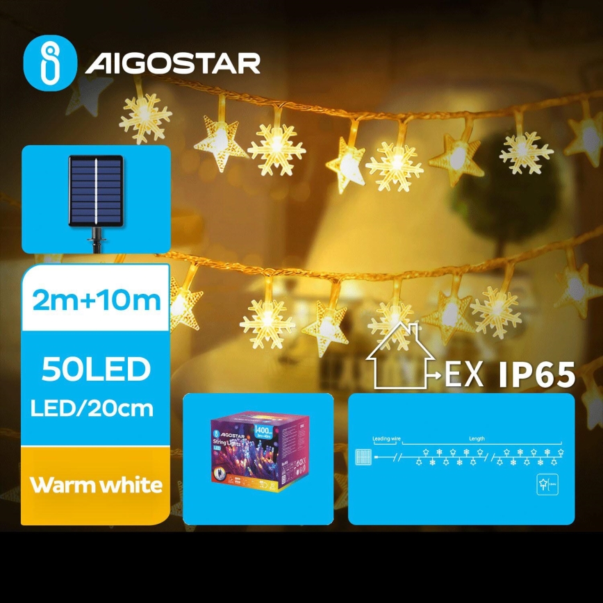 Aigostar - LED Saules enerģijas Ziemassvētku virtene 50xLED/8 funkcijas 12m 800mAh IP65 silti balta