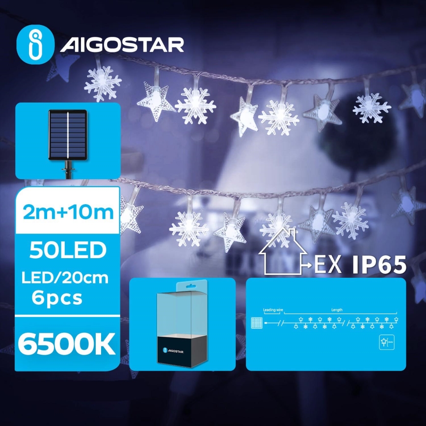 Aigostar - LED Saules enerģijas Ziemassvētku virtene 50xLED/8 funkcijas 12m IP65 800 mAh vēsi balts