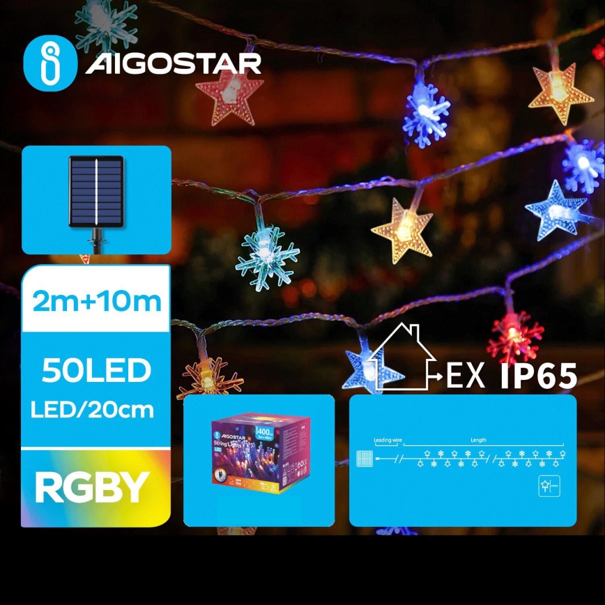 Aigostar - LED Saules enerģijas Ziemassvētku virtene 50xLED/8 funkcijas 12m IP65 daudzkrāsaina