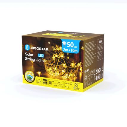 Aigostar - LED Saules enerģijas Ziemassvētku virtene 50xLED/8 funkcijas 12m 800mAh IP65 silti balta