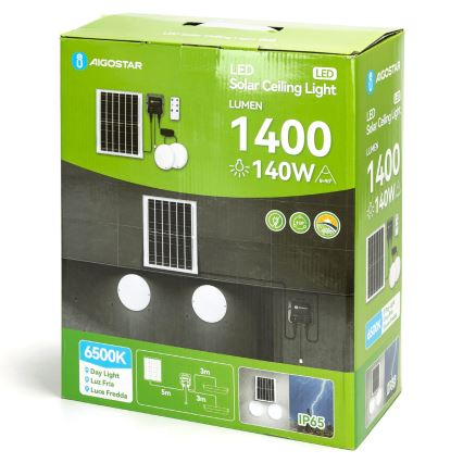 Aigostar - LED saules gaismeklis 2x LED/70W/12V 12000 mAh 6500K IP65 Ø 20,5 cm + ar tālvadības pulti