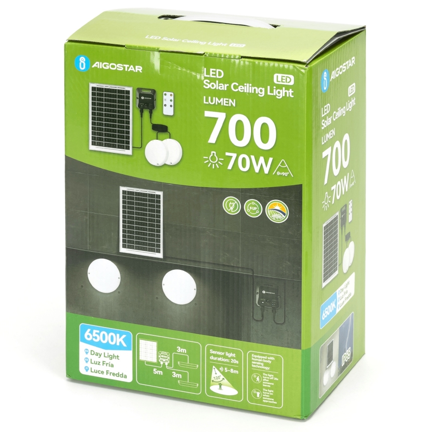 Aigostar - LED saules griestu gaismeklis ar sensoru 2x LED/35W/3,7V 6000 mAh IP65 + tālvadības pults