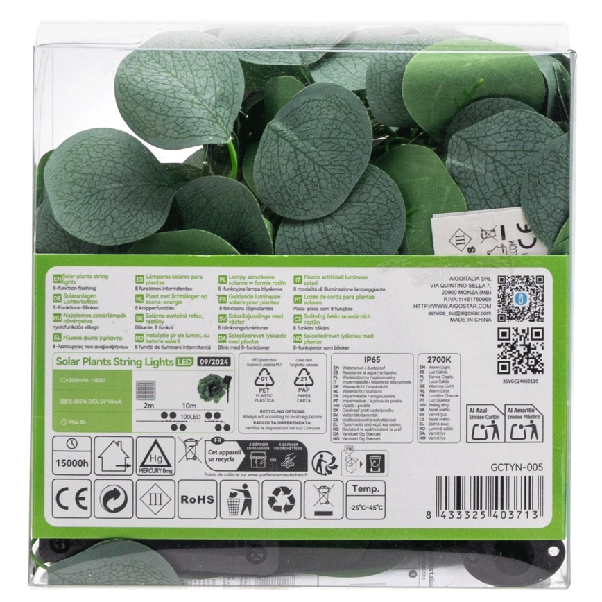Aigostar - LED Saules ķēde 100xLED/12m IP65 300 mAh silti balta eikalipts