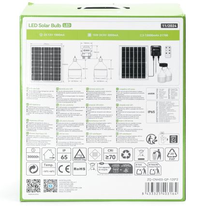Aigostar - Saules LED lustra 2xLED/70W/12V 12000 mAh 6500K IP65 Ø 12 cm + tālvadības pults