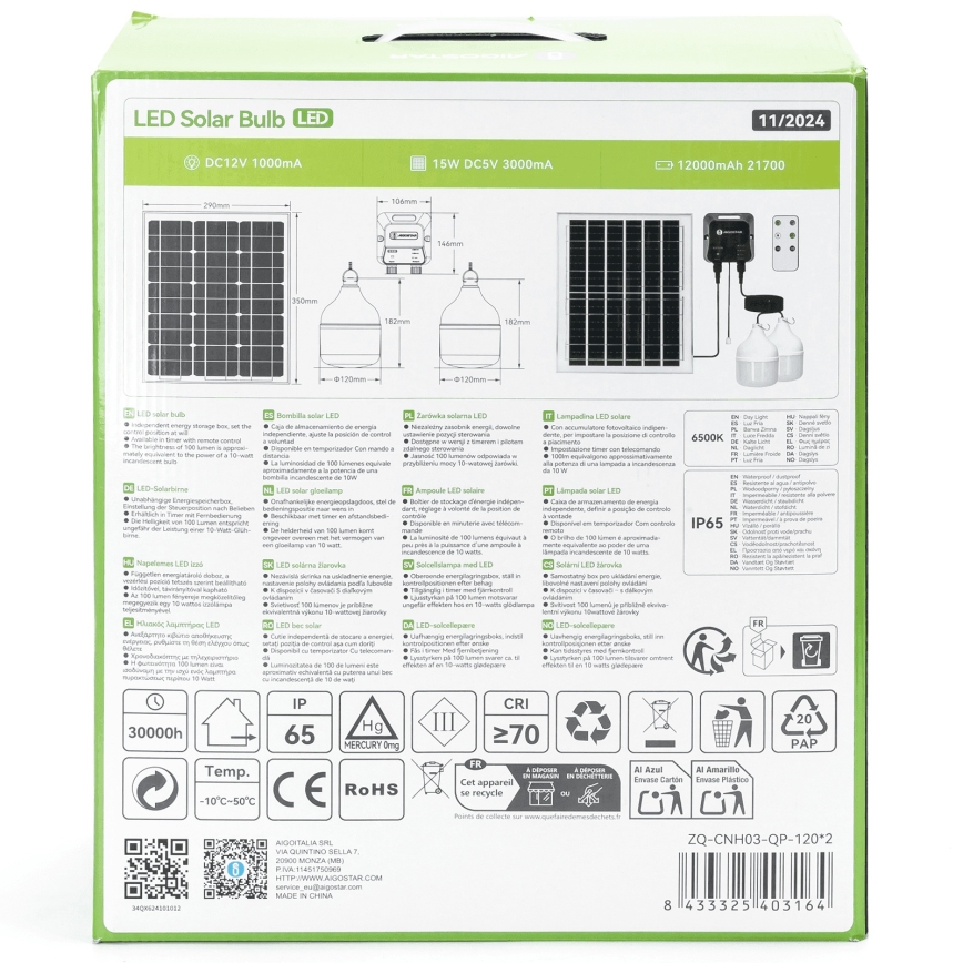 Aigostar - Saules LED lustra 2xLED/70W/12V 12000 mAh 6500K IP65 Ø 12 cm + tālvadības pults