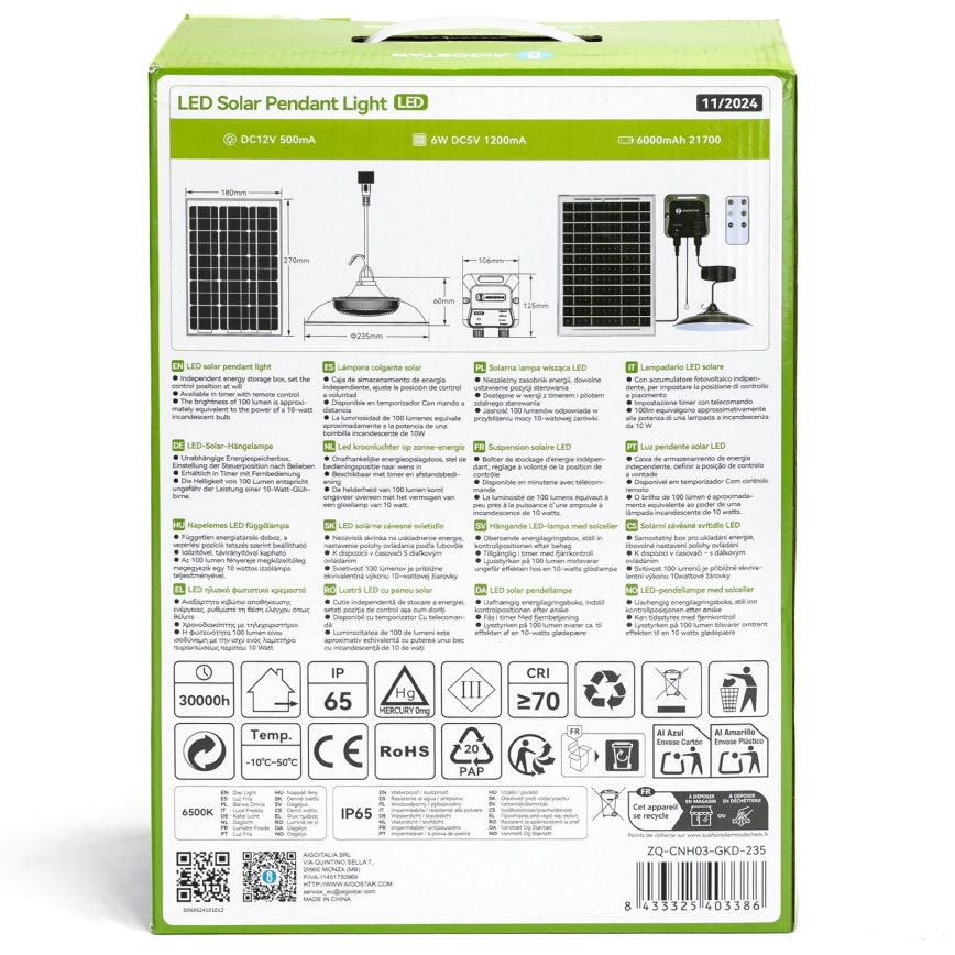 Aigostar - LED saules gaismeklis LED/70W/12V 6000 mAh 6500K IP65 Ø 23,5 cm + tālvadības pults