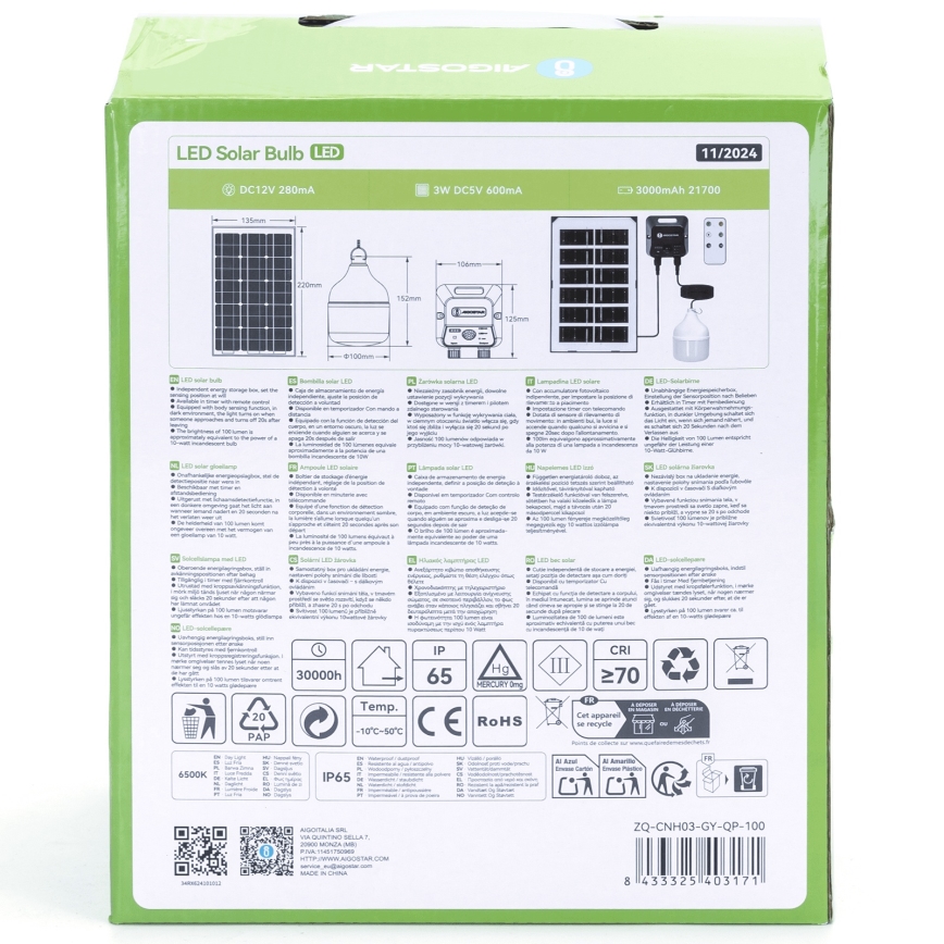 Aigostar - LED saules lampa ar sensoru LED/35W/12V 3000 mAh 6500K IP65 Ø 10 cm + tālvadība