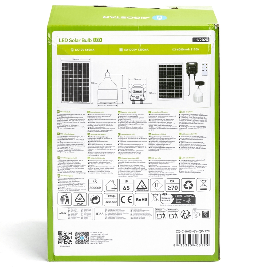 Aigostar - LED saules lustra ar sensoru LED/70W/12V 6000 mAh 6500K IP65 Ø 12 cm + tālvadība
