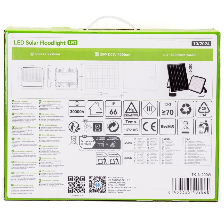 Aigostar - regulējams LED saules reflektors LED/200W/3,4V 3000/4000/6500K IP66 16000 mAh + ar tālvadības pulti