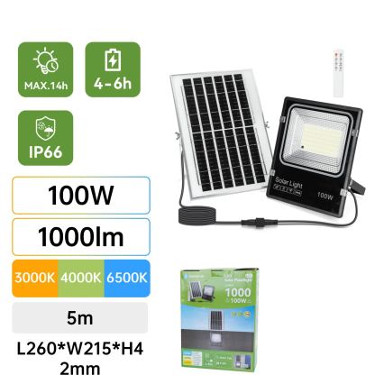 Aigostar - LED saules prožektors LED/100W/3,2V 2000mAh 3000K/4000K/6500K IP66 + tālvadības pults