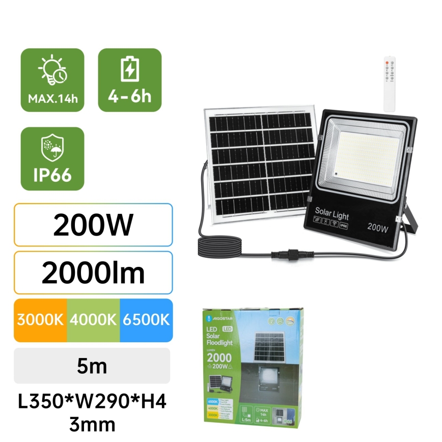 Aigostar - LED Saules prožektors LED/200W/3,2V 3600mAh 3000K/4000K/6500K IP66 + tālvadība
