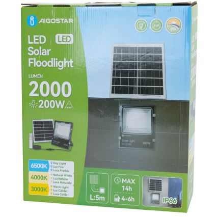 Aigostar - LED Saules prožektors LED/200W/3,2V 3600mAh 3000K/4000K/6500K IP66 + tālvadība