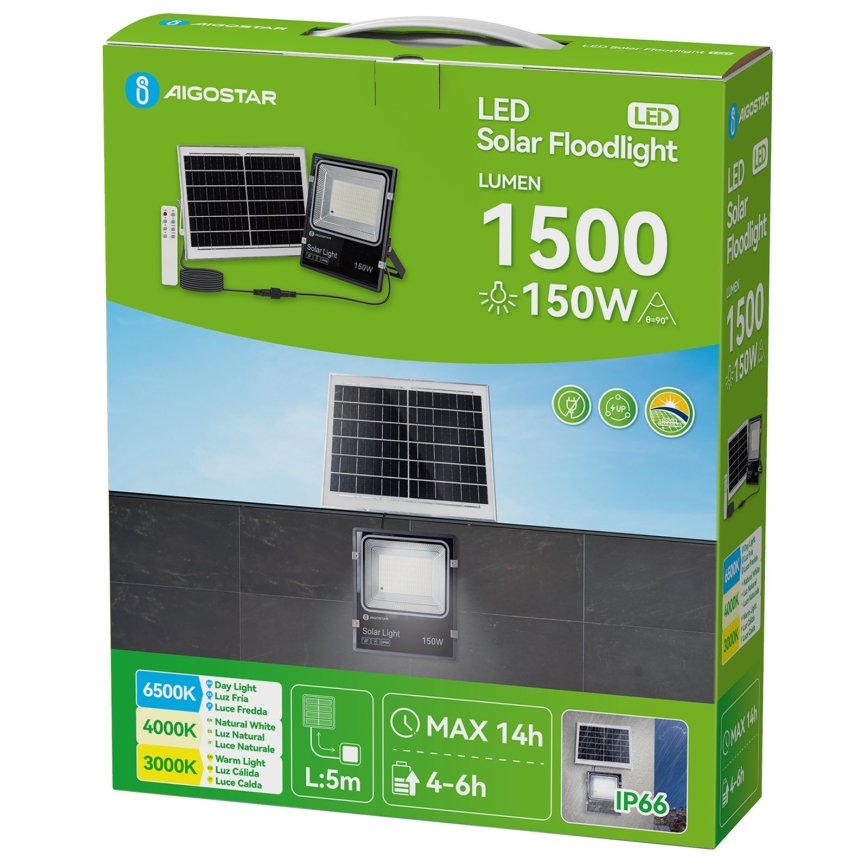 Aigostar - LED Saules prožektors LED/150W/3,2V 3000mAh 3000K/4000K/6500K IP66 + tālvadības pults