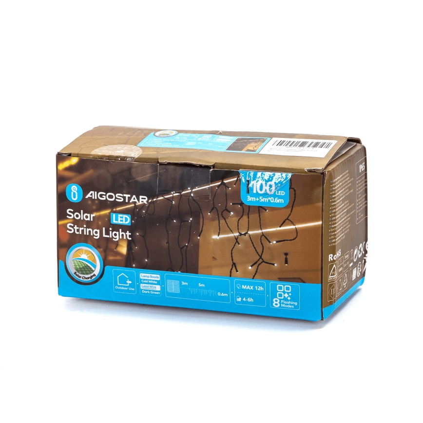 Aigostar - LED saules virtene 100xLED/8 režīmi 8x0,6m 500 mAh IP65 auksta balta