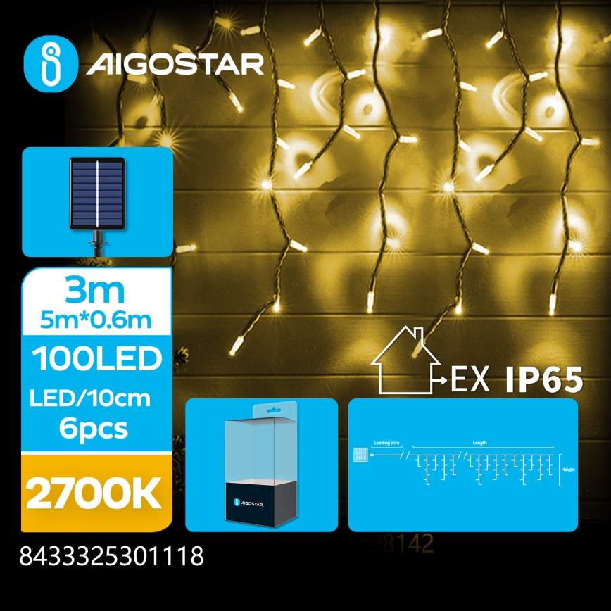 Aigostar - LED saules virtene, 100 LED, 8 funkcijas, 8 x 0,6 m, 800 mAh, IP65, siltā balta