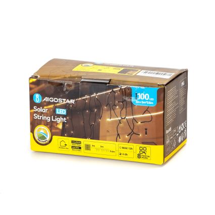 Aigostar - LED saules virtene, 100 LED, 8 funkcijas, 8 x 0,6 m, 800 mAh, IP65, siltā balta