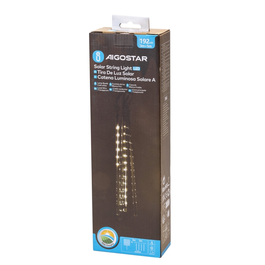 Aigostar - LED saules virtene, 192 LED, 8 m, IP65, 1200 mAh, auksti balta