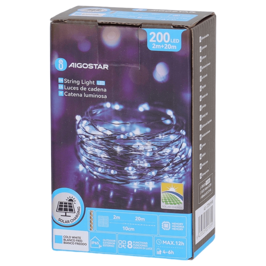 Aigostar - LED saules virtene 200 LED/8 funkcijas 22 m IP65 auksti balta 800 mAh