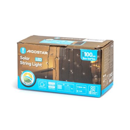 Aigostar - Saules LED Ziemassvētku virtene 100xLED/8 funkcijas 4x1m 800 mAh IP65 auksti balta